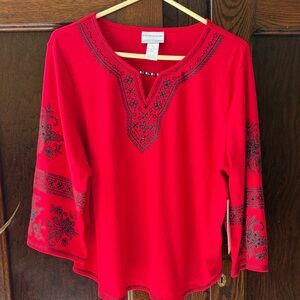 Alfred Dunner Red V-Neck Bracelet Sleeve Black Beading & Embroidery “Jet Setter”